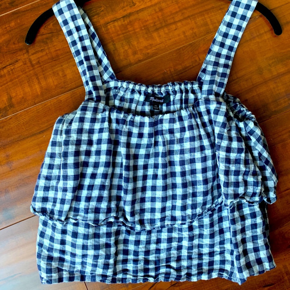 Madewell navy& white gingham check top.